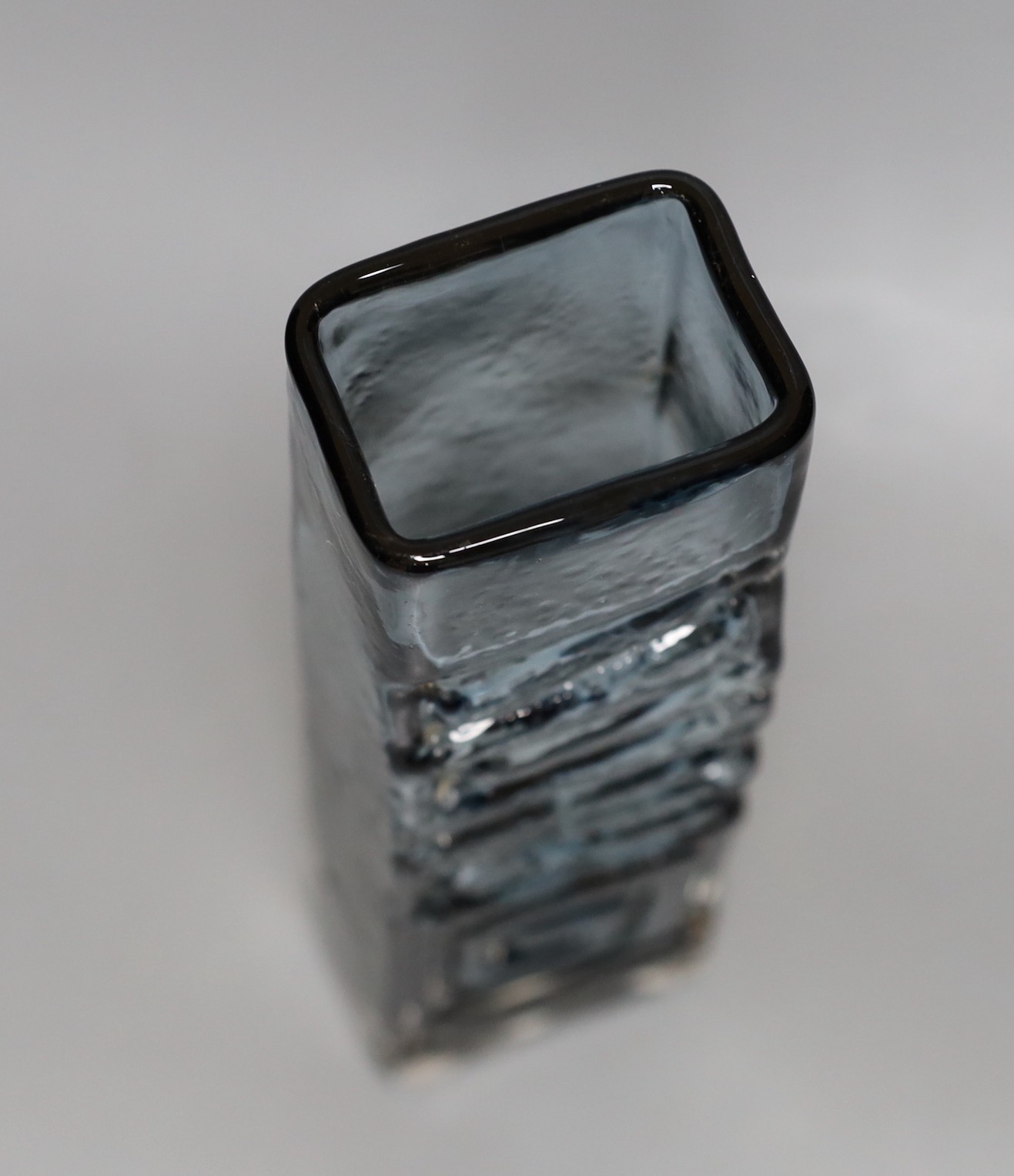 A Whitefriars 'Totem Pole' glass vase, designed by Geoffrey Baxter, pattern number 9671, smoked glass, 26cm tall